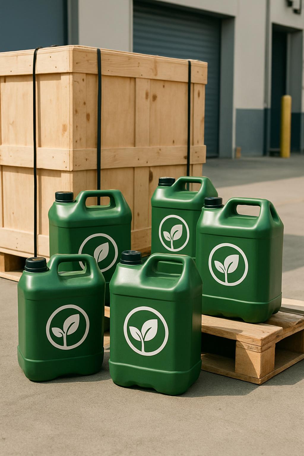 five green plastic jugs with plant symbol and supply crate background.